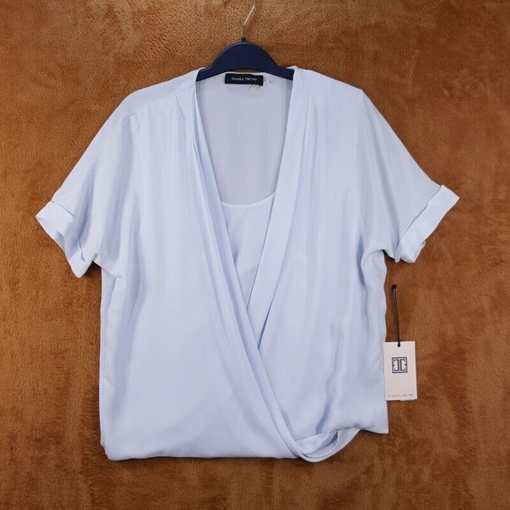 IVANKA TRUMP Womens Top Small Light Blue Pullover Layered Surplice Wrap Blouse